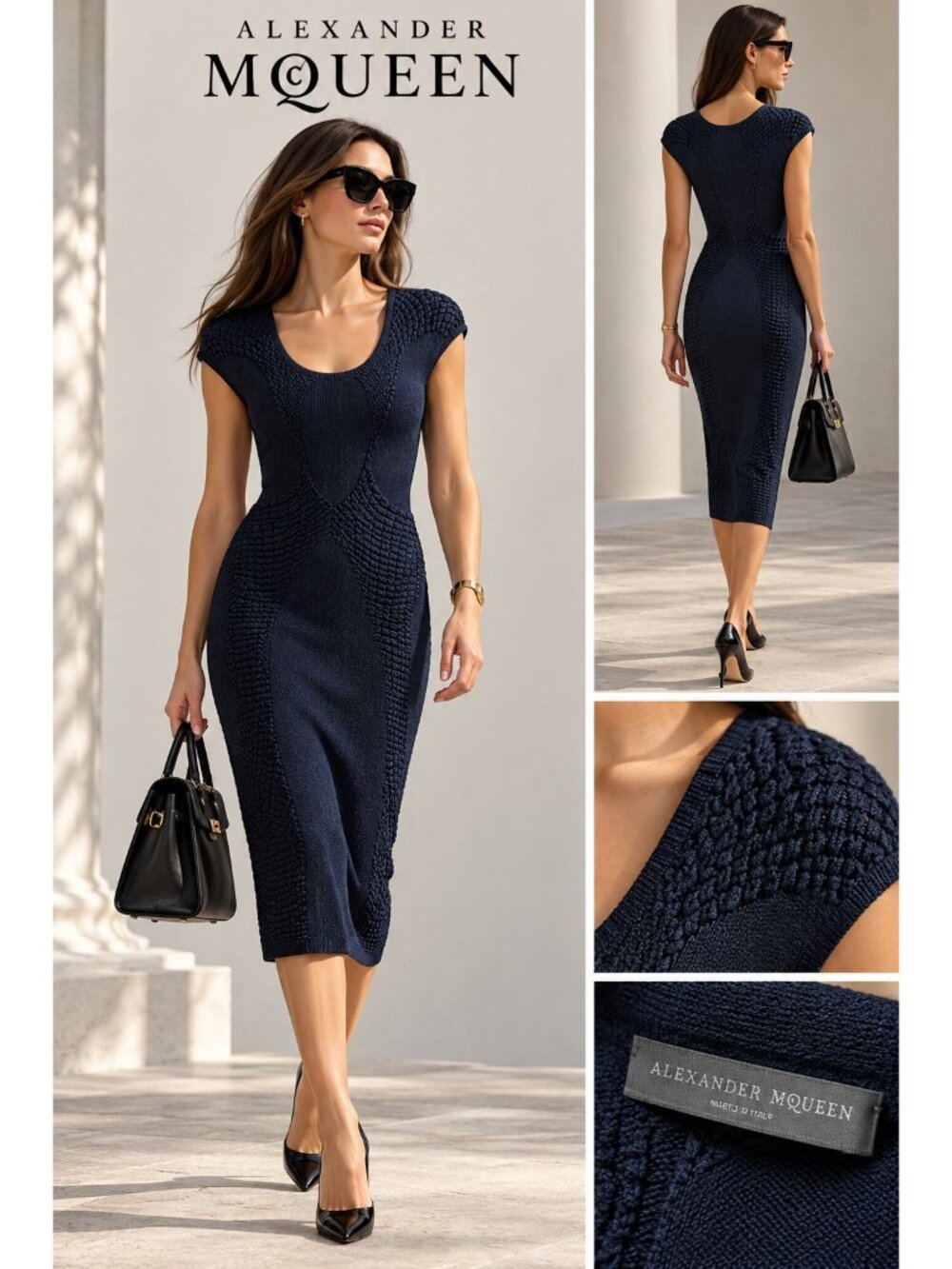 Alexander McQueen Navy Blue Textured Bodycon Midi Dress Size S Italy